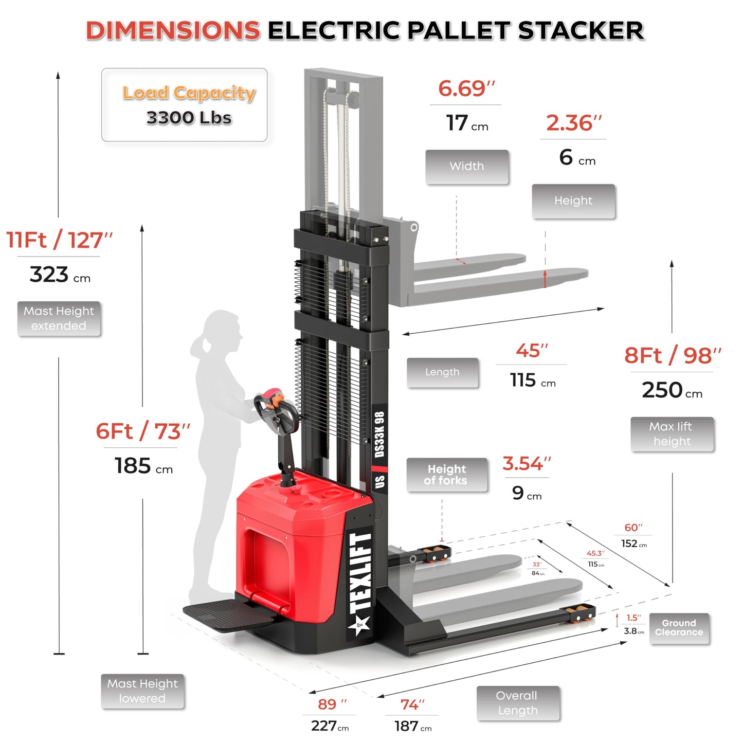 Full Electric Forklift Walkie Pallet Stacker with Stand - Fixed Straddle Legs and Adjustable Forks 5.50 Inch to 27 Inch – Material Lifter 3300lbs Capacity 8Ft/98 Inch Lifting Heights - 2 Pack