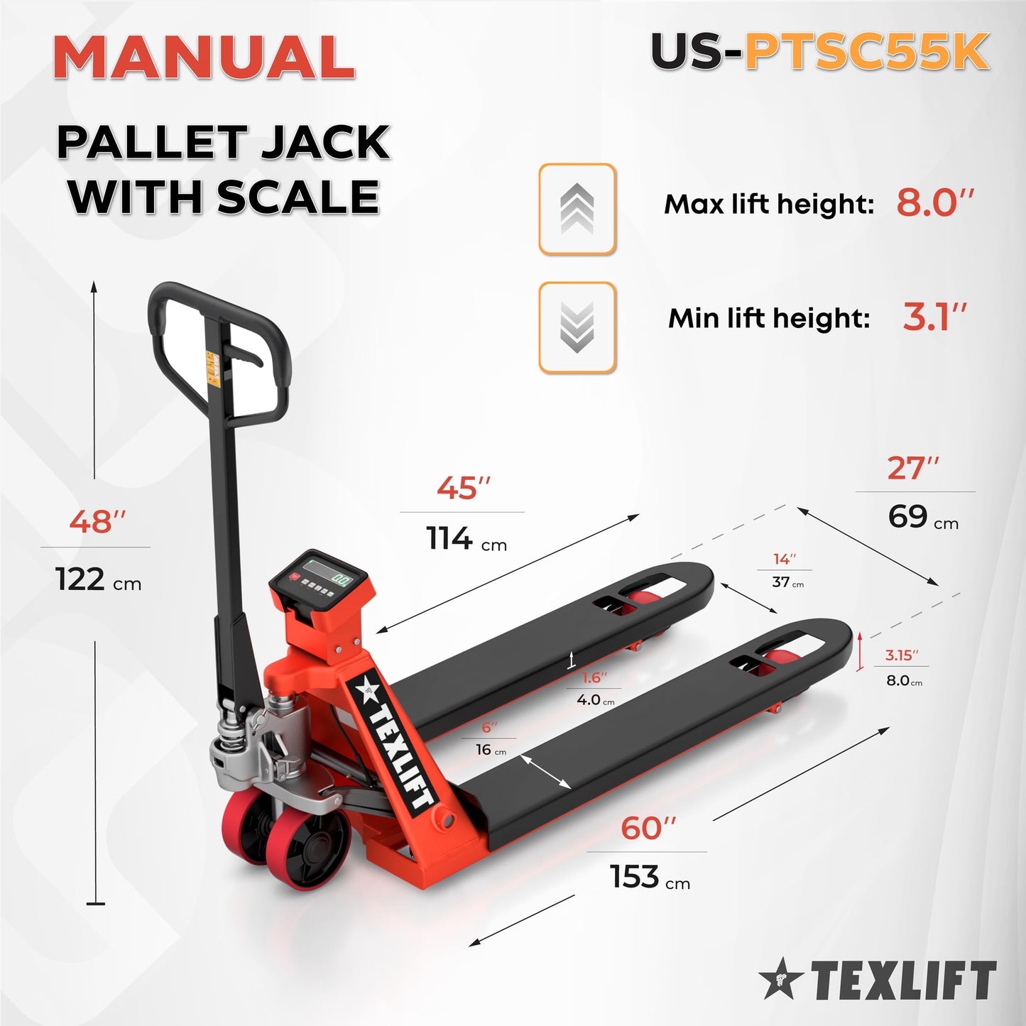 Industrial Manual Pallet Jack with Built-in Scale – Heavy Duty Pallet Truck 5500 Lb Capacity - 48” L x 27” W Fork Size – Hand Truck for Material Handling - Max Lift Height 8 Inch - 2 Pack