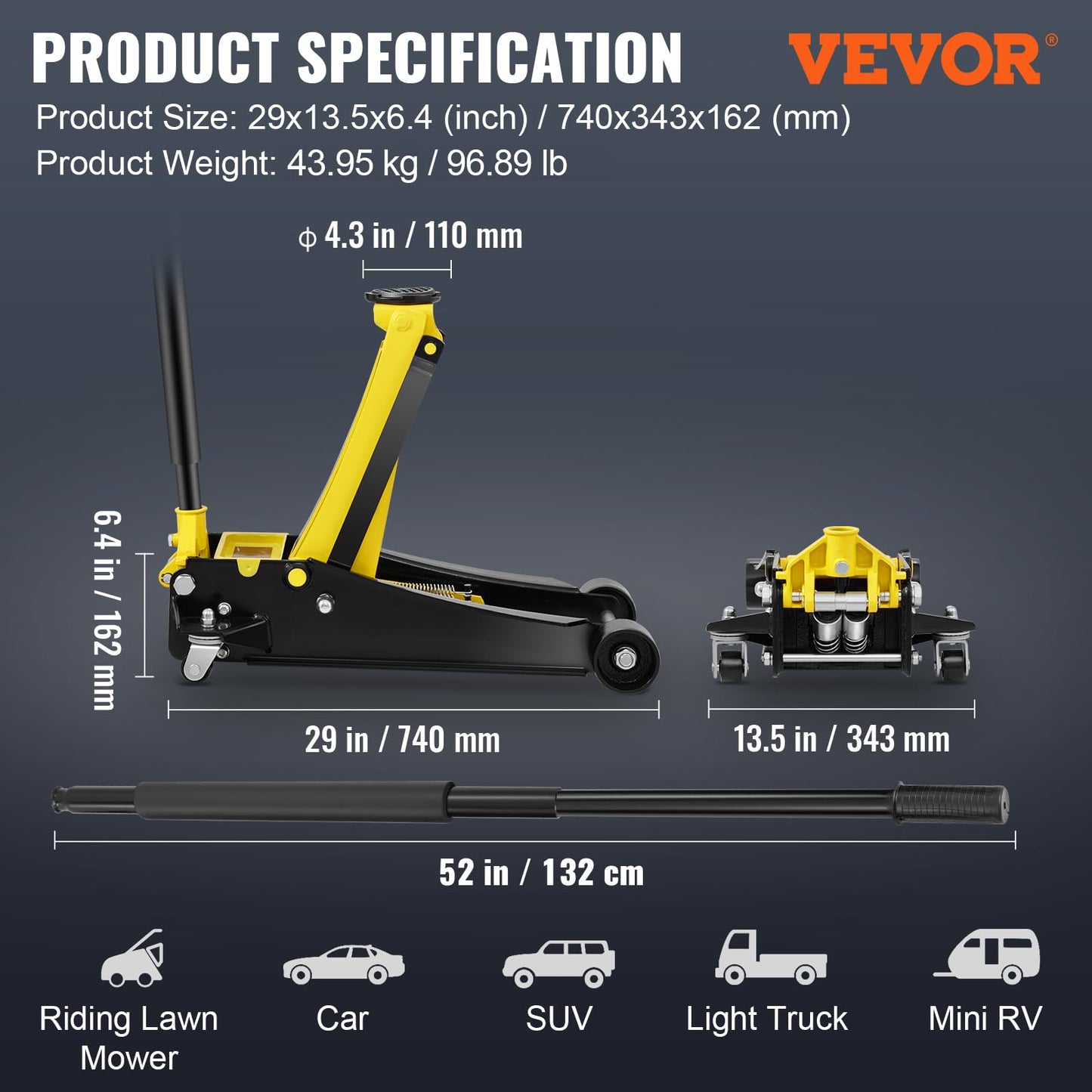 VEVOR 4 Ton Low Profile, Heavy-Duty Steel Racing Floor Jack with Dual Pistons Quick Lift Pump, Lifting Range 3.94"-20.98"