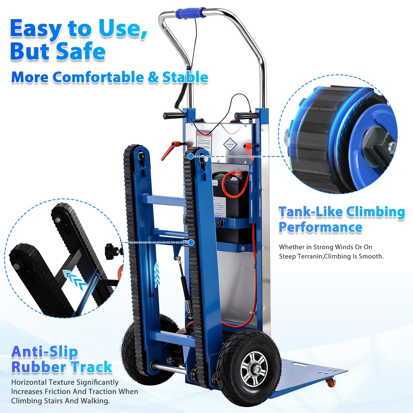 1250W Electric Stair Climbing Dolly, 900lbs Heavy Duty Stair Climber with Retractable Rubber Tracks, Stainless Steel Platform, Lithium Battery & Safety Rope, for Moving Furniture Warehouse, Blue