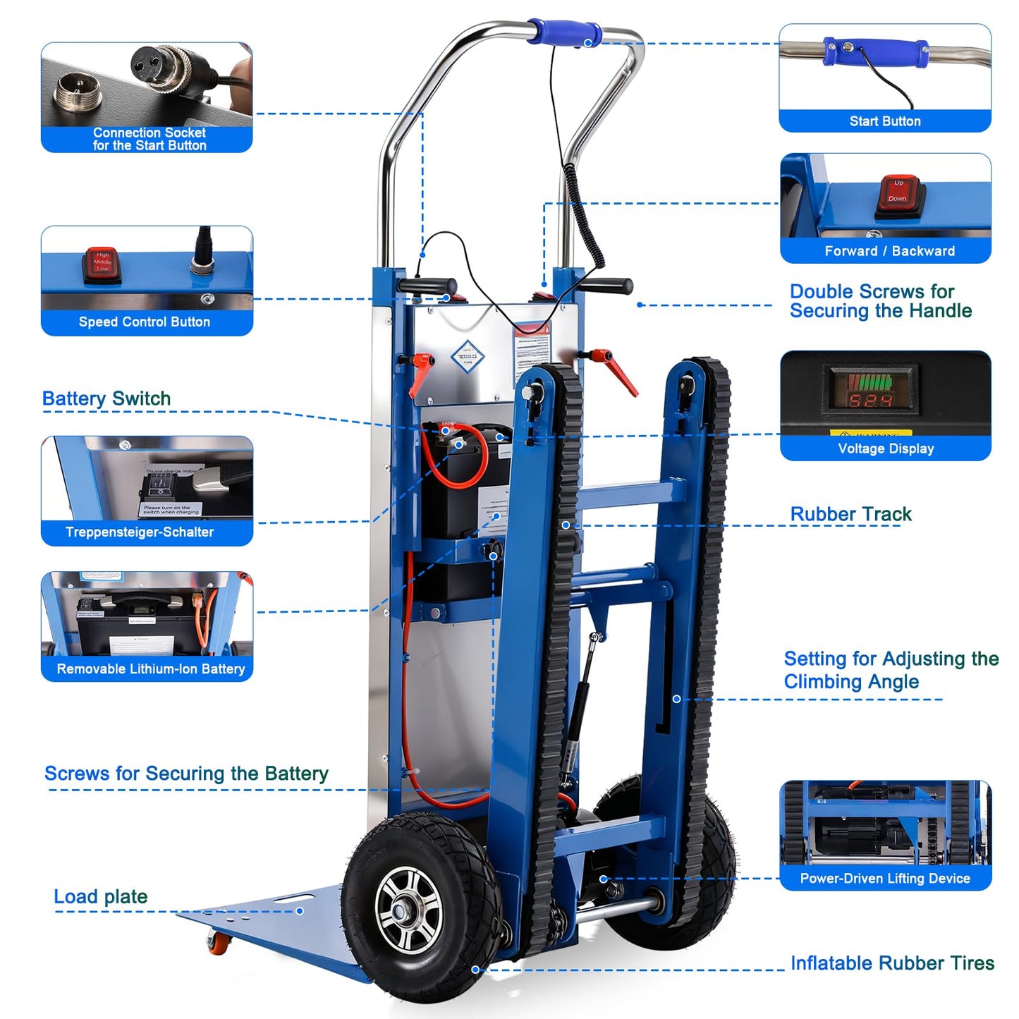 1250W Electric Stair Climbing Hand Truck with Rubber Tracks, 900lbs Stair Climber Trolley Lithium Battery with Safety Rope, Heavy Duty Stair Climber, Warehouse Logistics, Transport, Moving Furniture
