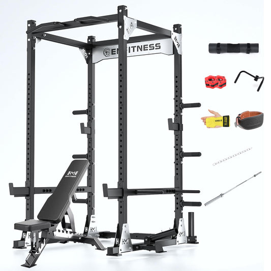 JZOPIDL X8 Power Cage with Adjustable Bench/Olympic Barbell/Cable Crossover/Smith Machine System, 3000LB Squat Rack for Home & Garage Gym, with Weight Storage Rack and Training Attachments
