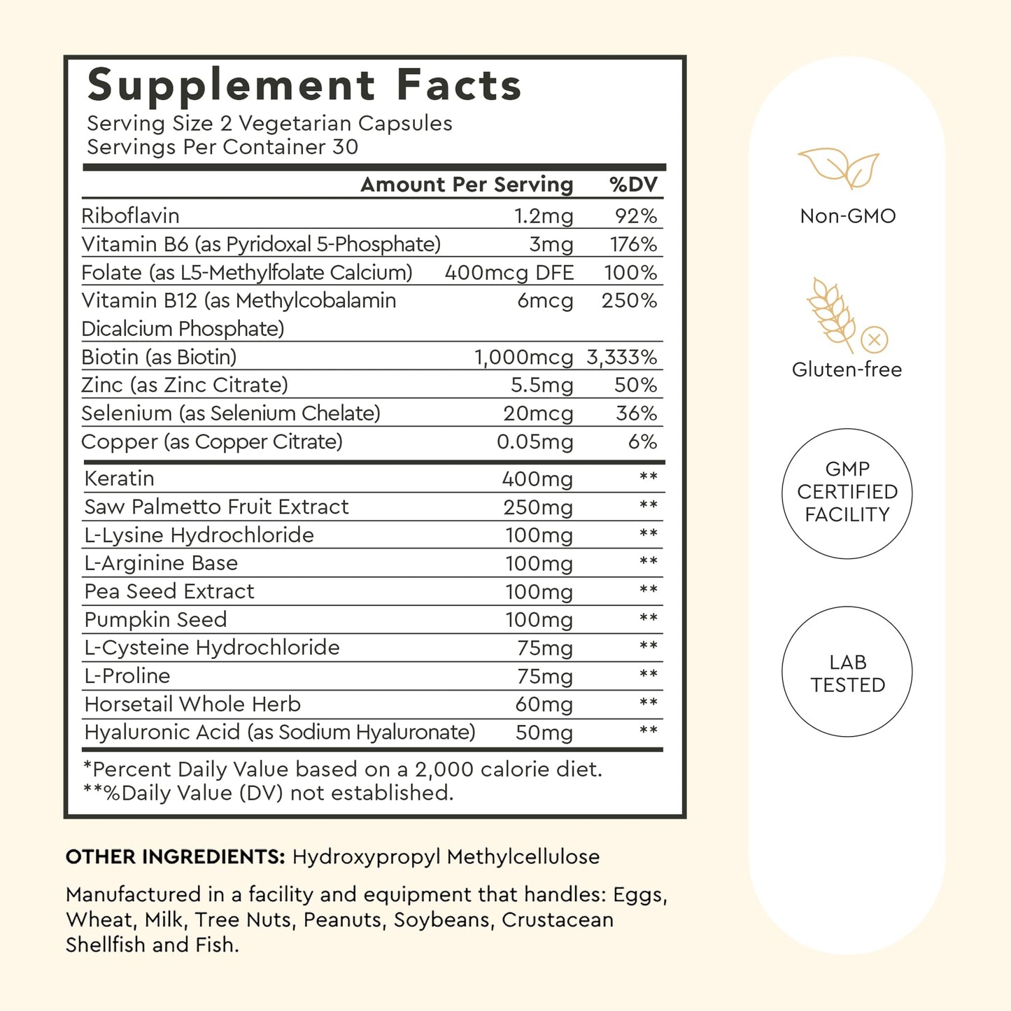 Alaya Hair Essentials - Hair Supplement with Biotin, Keratin, Folic Acid, Vitamin B12, B6 - Lab Tested - Gluten Free - 30 Day Supply