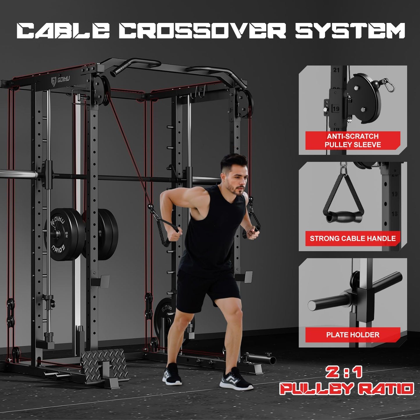 Goimu S1-V4 Smith Machine, 2000LBS Power Cage with Cable Crossover System, All-in-One Squat Rack with Smith Bar, Strength Training Equipment for Hone Gym (Black Smith Machine wiht 340lb Weights)