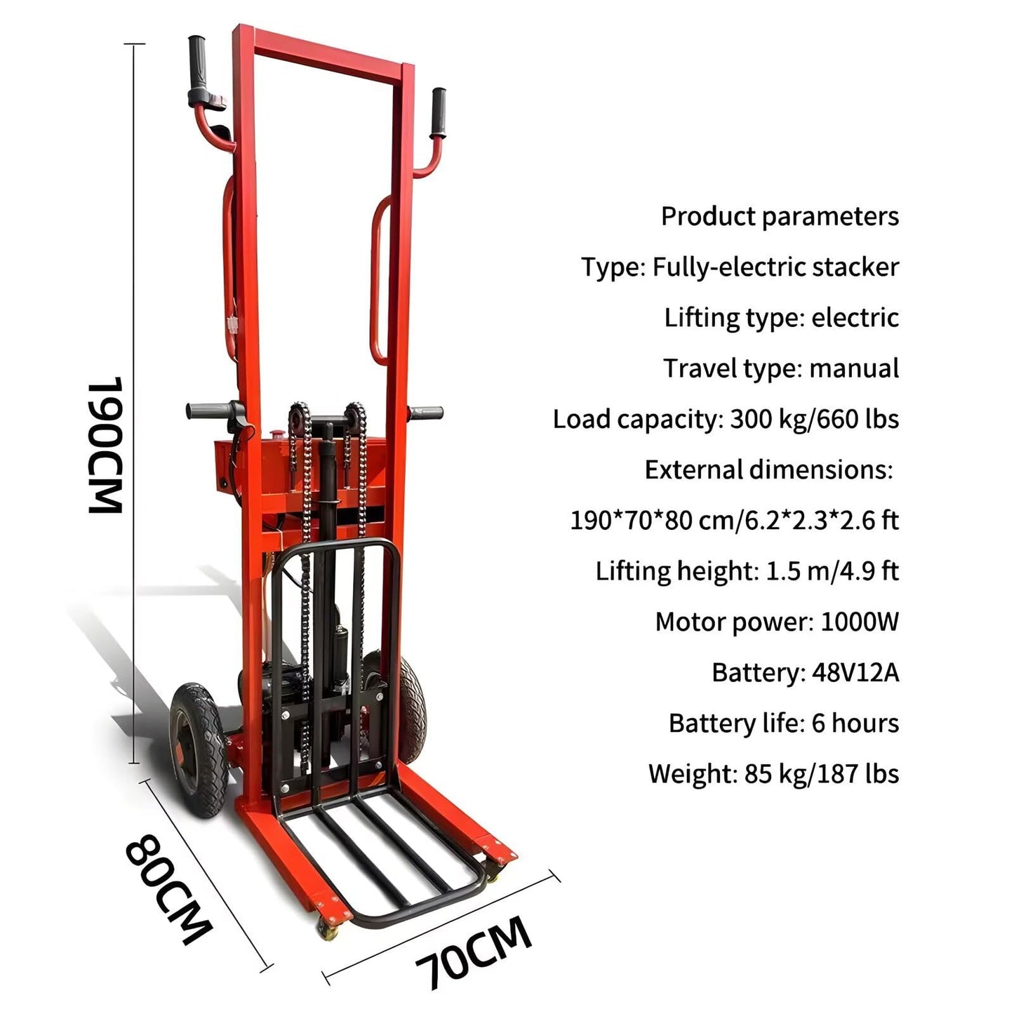 660LBS Load Capacity Fully Electric Material Lift, 4.9FT Height Lift Electric Hydraulic Pallet Stacker, Portable Electric Drive Fork Lift Truck Dolly