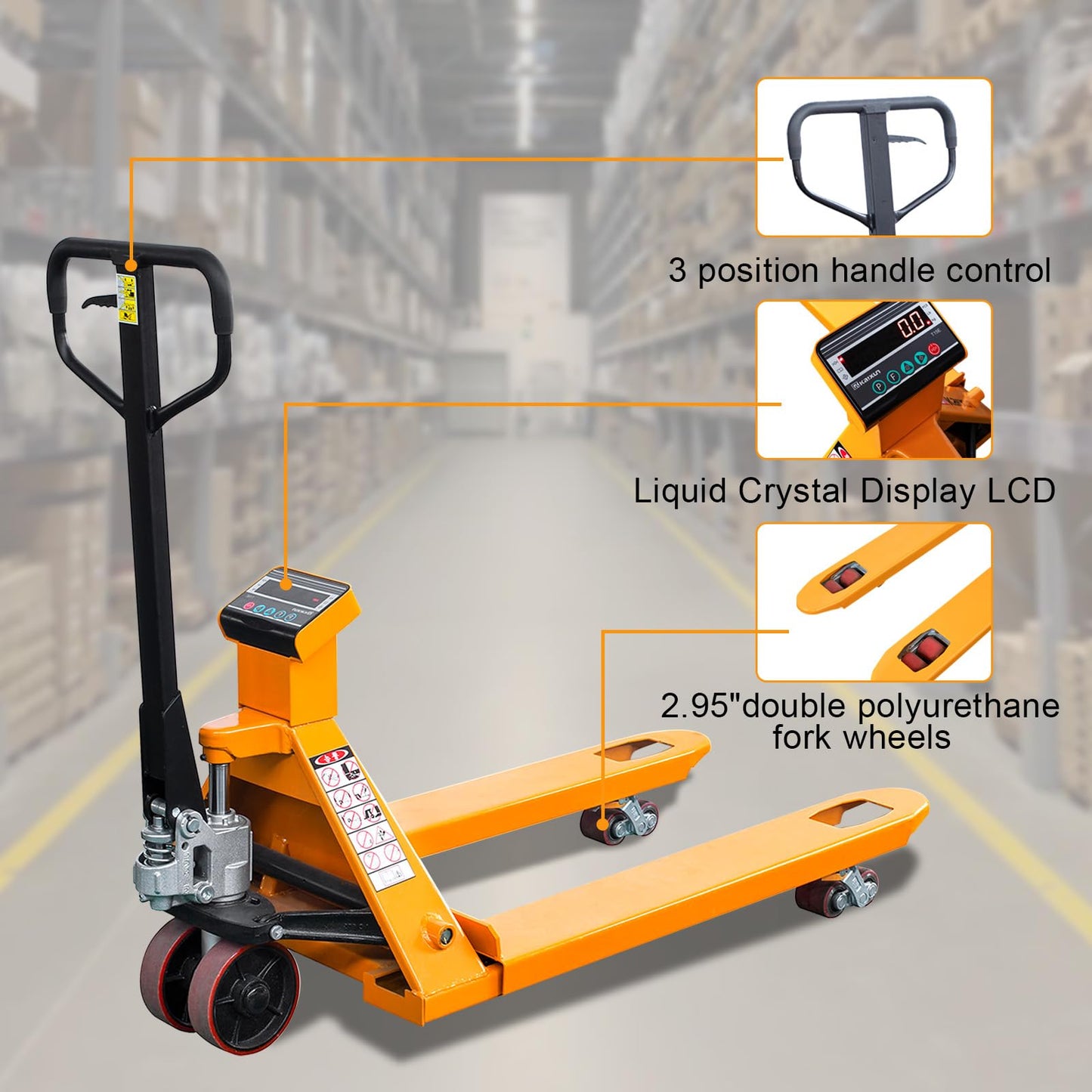 Kaixun Pallet Jack Scale, 6600lbs Capacity, 45" x 27" Forks, LCD Display, Lb/Kg Switchable Hand Pallet Truck With Electronic Scale, PU wheels, 0.1% Accurate, High Capacity for Warehouse and Industrial