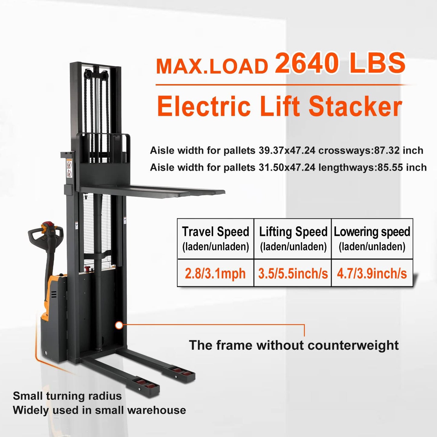 ToryCarrier Full Electric Walkie Pallet Stacker Material Lifting Tools with Fixed Legs 2640lbs Capacity Max Lift 118”Height