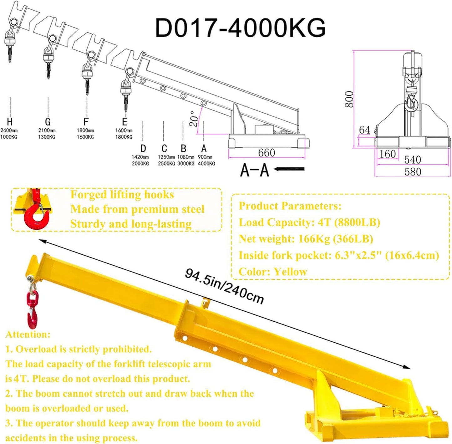 HQHAOTWU Forklift Jib Boom Crane 8800lbs Capacity Telescoping Mobile Crane Industrial Adjustable Forklift Lifting Hoist Truss Jib Boom Hook Manual Telescopic 63in-94.5in for Warehouse & Factories