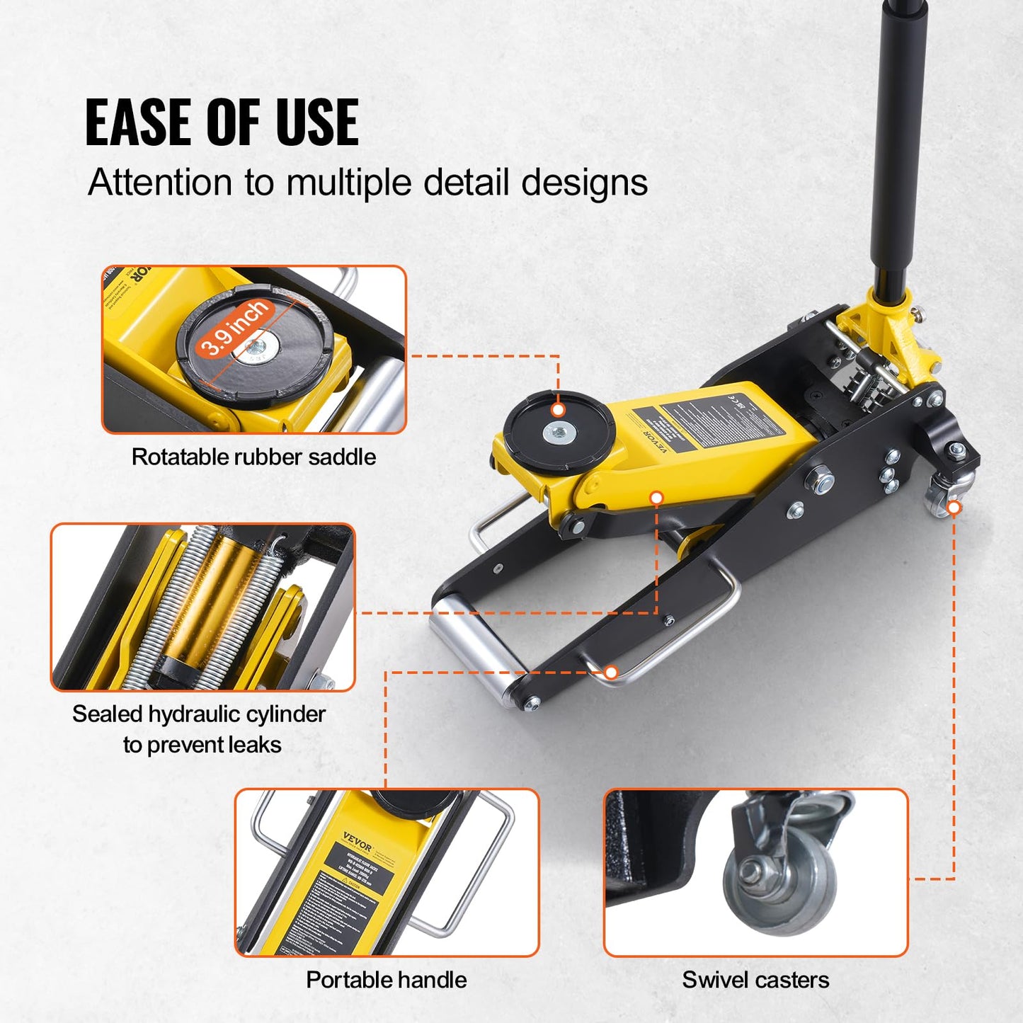 VEVOR Low Profile Floor Jack 2 Ton (4400 lbs), Heavy Duty Aluminum Hydraulic Racing Floor Jack, Hydraulic Car Jack, Dual Piston Quick Lift Pump, 3.2"-14.6" Height Lifting Range (Yellow)