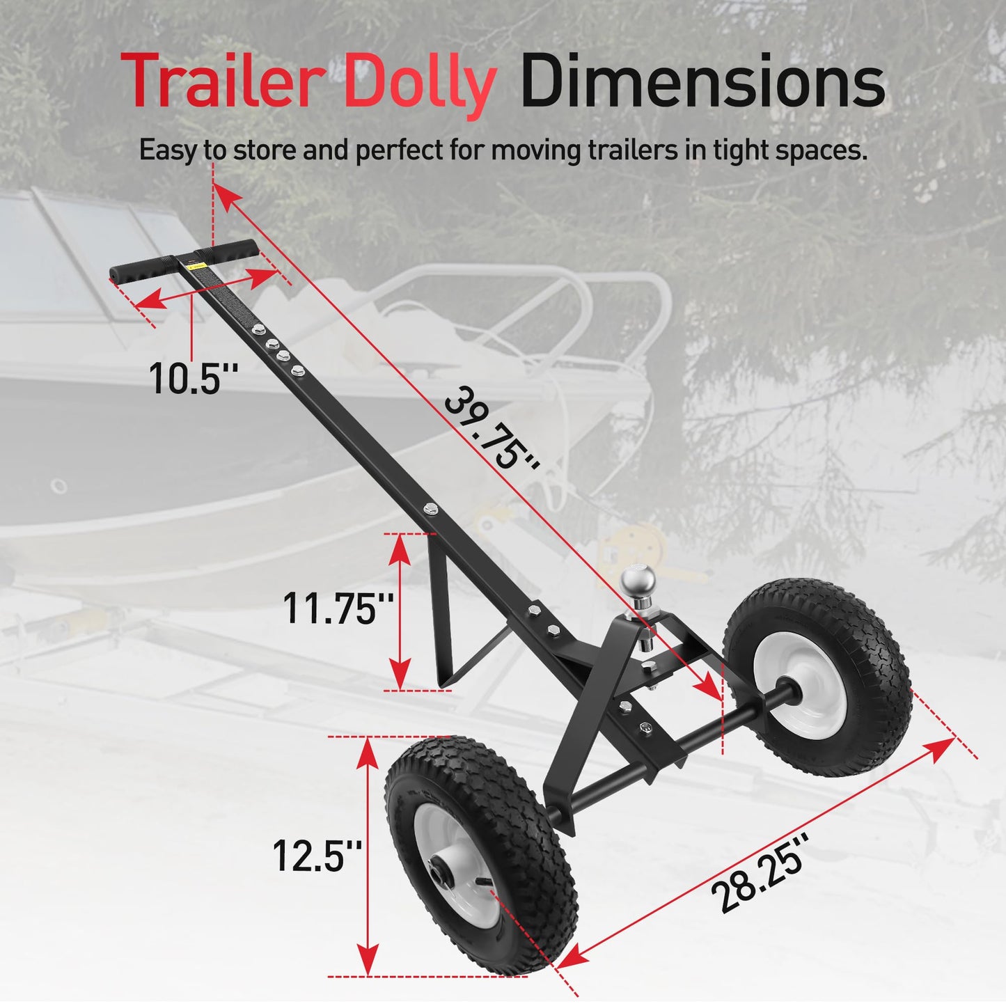 YOLANDO Trailer Dolly, Trailer Mover Dolly for Watercraft Small Boat Moving, 600LBS Capacity, 1-7/8” Hitch Ball with 12” Solid Tires, Black Powder Coated Steel
