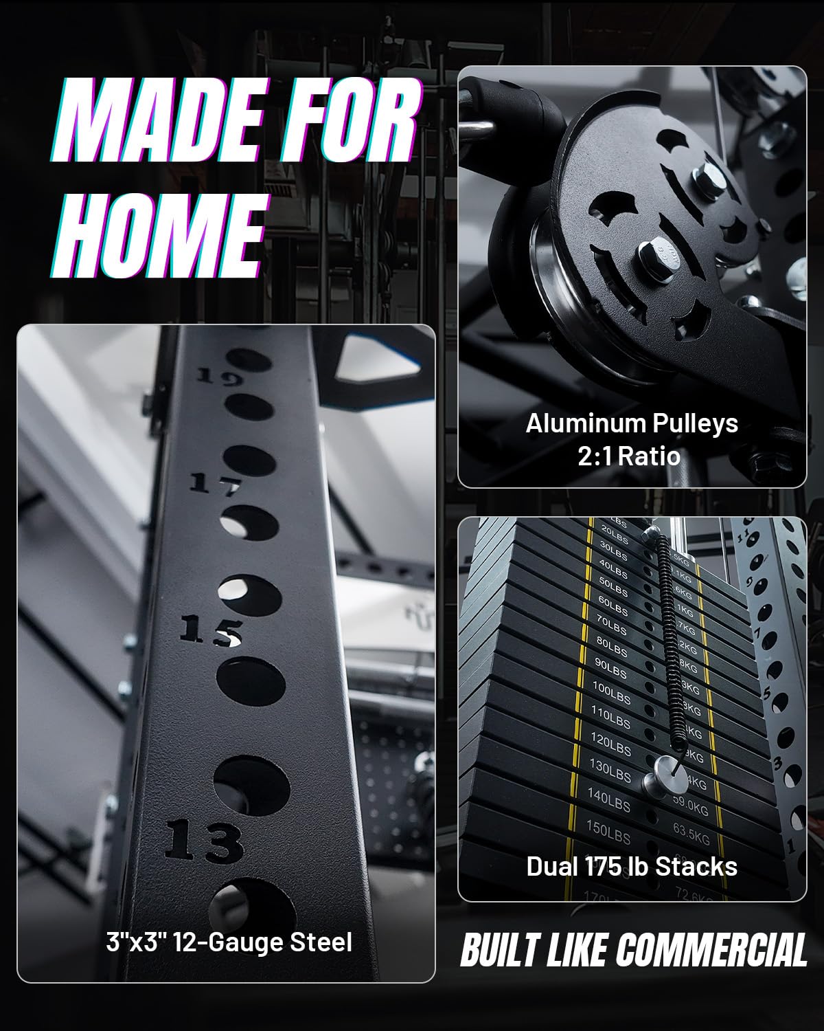 Mikolo Anubis-2.0 Smith Machine with Weight Stack, 3×3 All-in-One Power Cage with LAT Pulldown & Cable Crossover, 3200LBS Multi-Function Trainer with 175LBS Dual Pulley System for Fitness Home Gym
