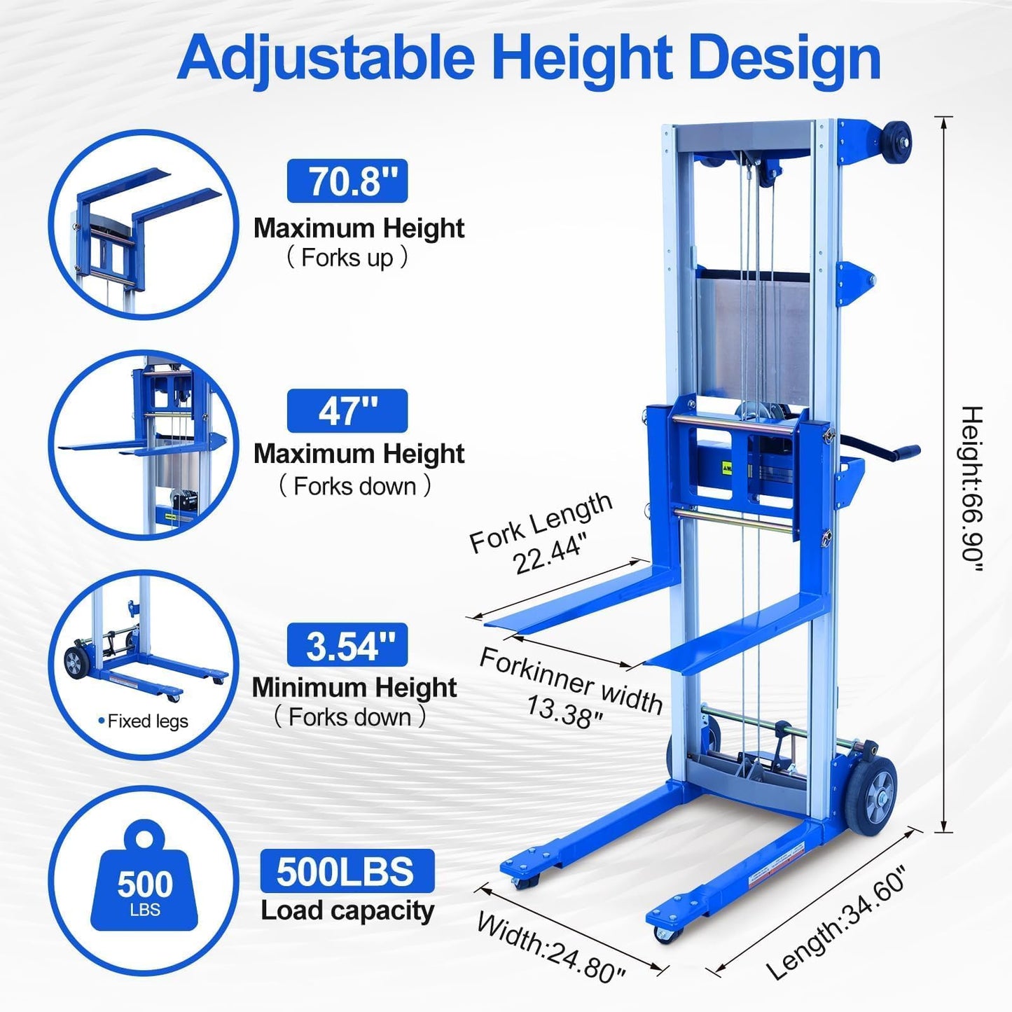 ELOMBR Material Lift Winch Stacker, 3.54"-70" Height Range, 500 lbs Capacity, 34.60"L x 24.80"W, Hand Winch Lift Trucks for Warehouse, Factory, Library