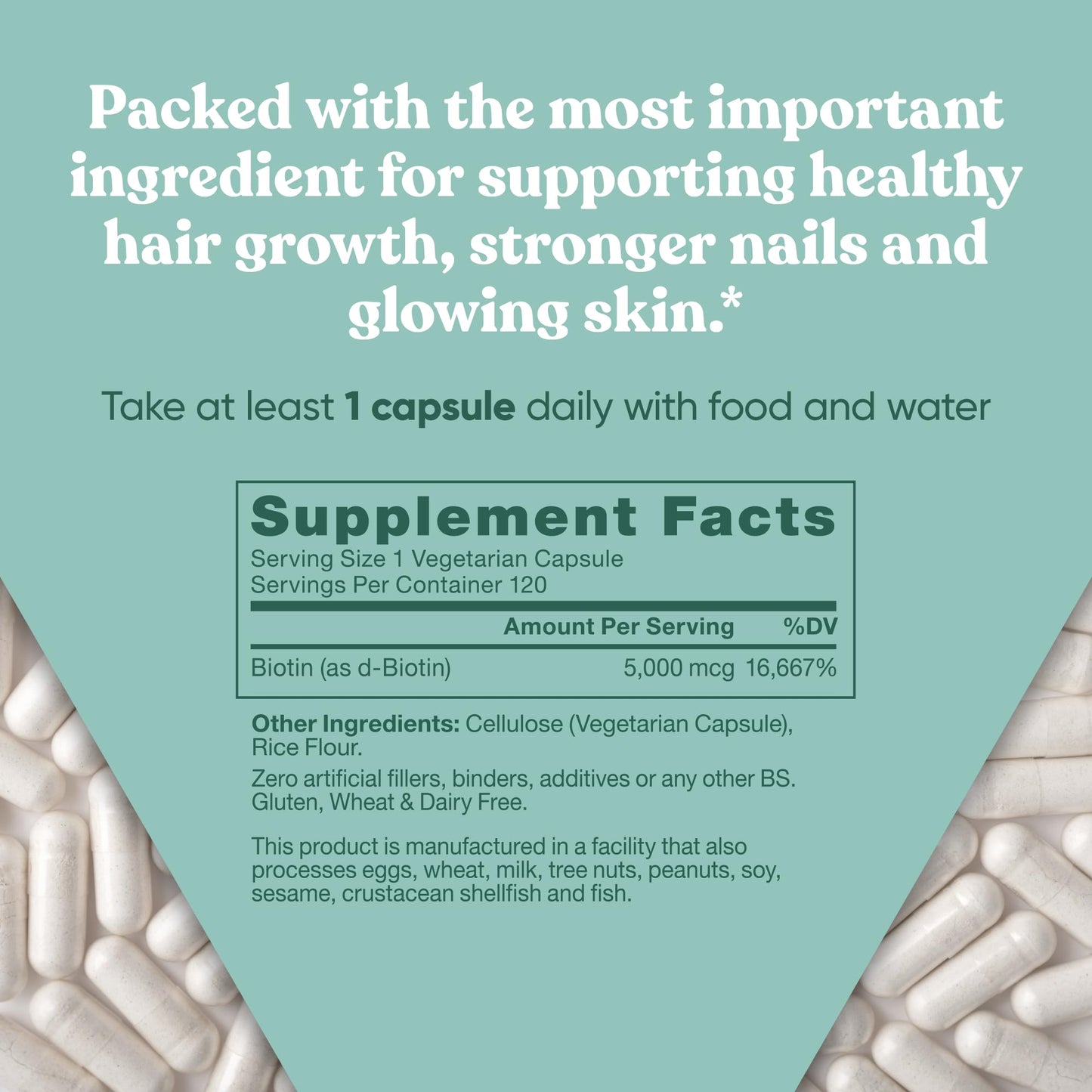 Biotin 5000 mcg Hair Skin Nails Supplement - High-Potency Hair Growth Vitamins for Women & Men - Provide Powerful Support for Healthy Hair, Stronger Nails and Glowing Skin - 120 Vegan Soft Capsules