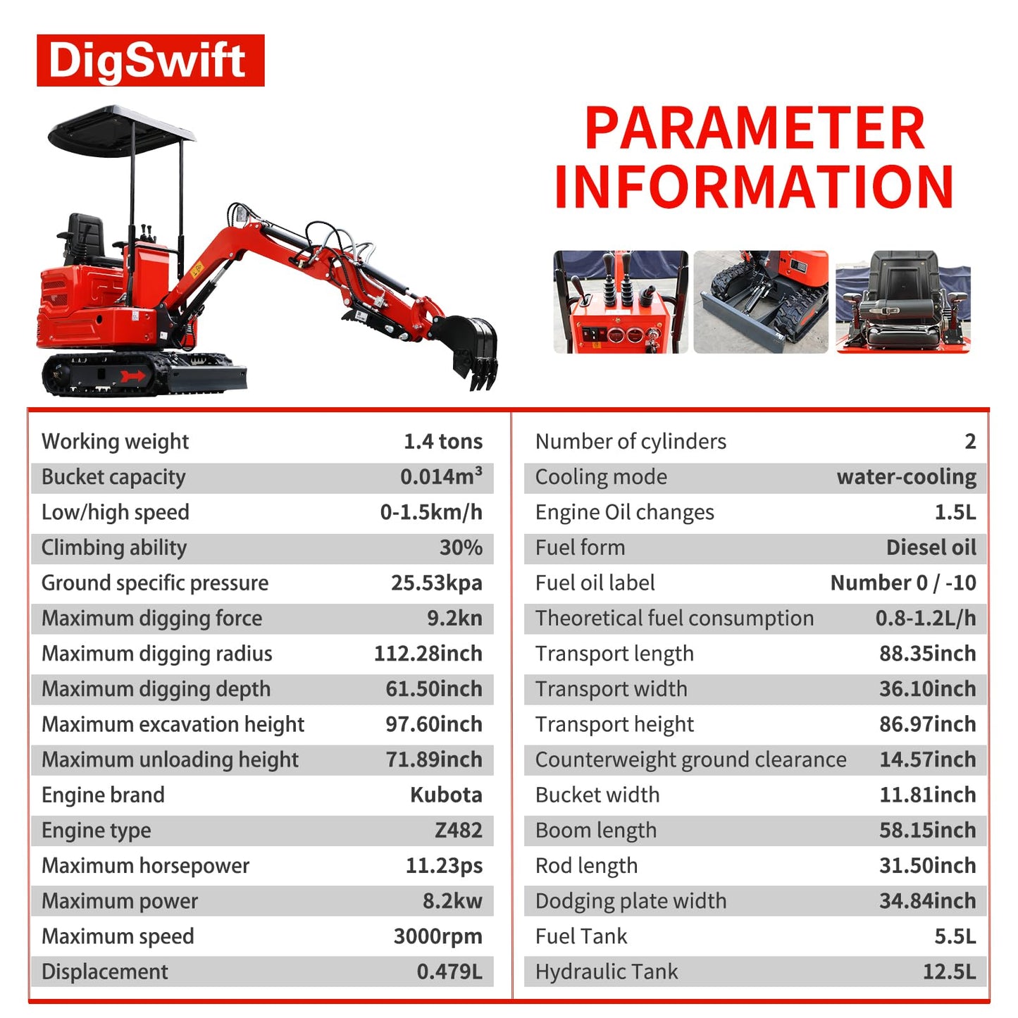 DS-16, 1.4 Tons KubotaDiesel Mini Excavator, w/Pilot System Quick Coupler, Ripper, Rake, Toothless Bucket, Grapple, Auger, Hydraulic Hammer Breaker Kit, Work for Any Occasions, US in Stock red
