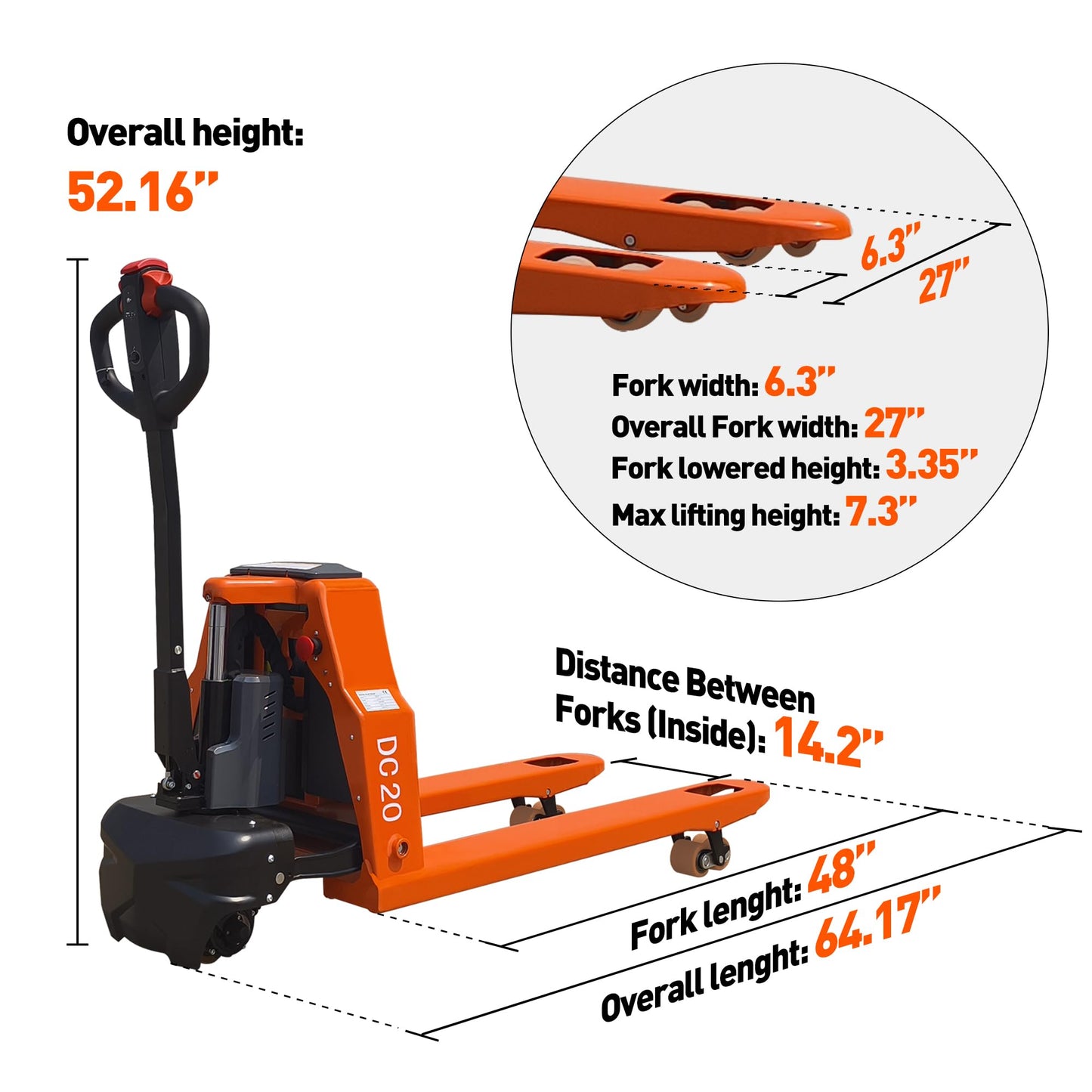 Full Electric Pallet Jack, 4400lbs Capacity Electric Pallet Trucks, 48V 20AH Lithium Battery Powered, 48" x 27" Fork Size, 6 Hours Working Time, 3.35 to 7.68 Inch Lift Height, for Material Handling