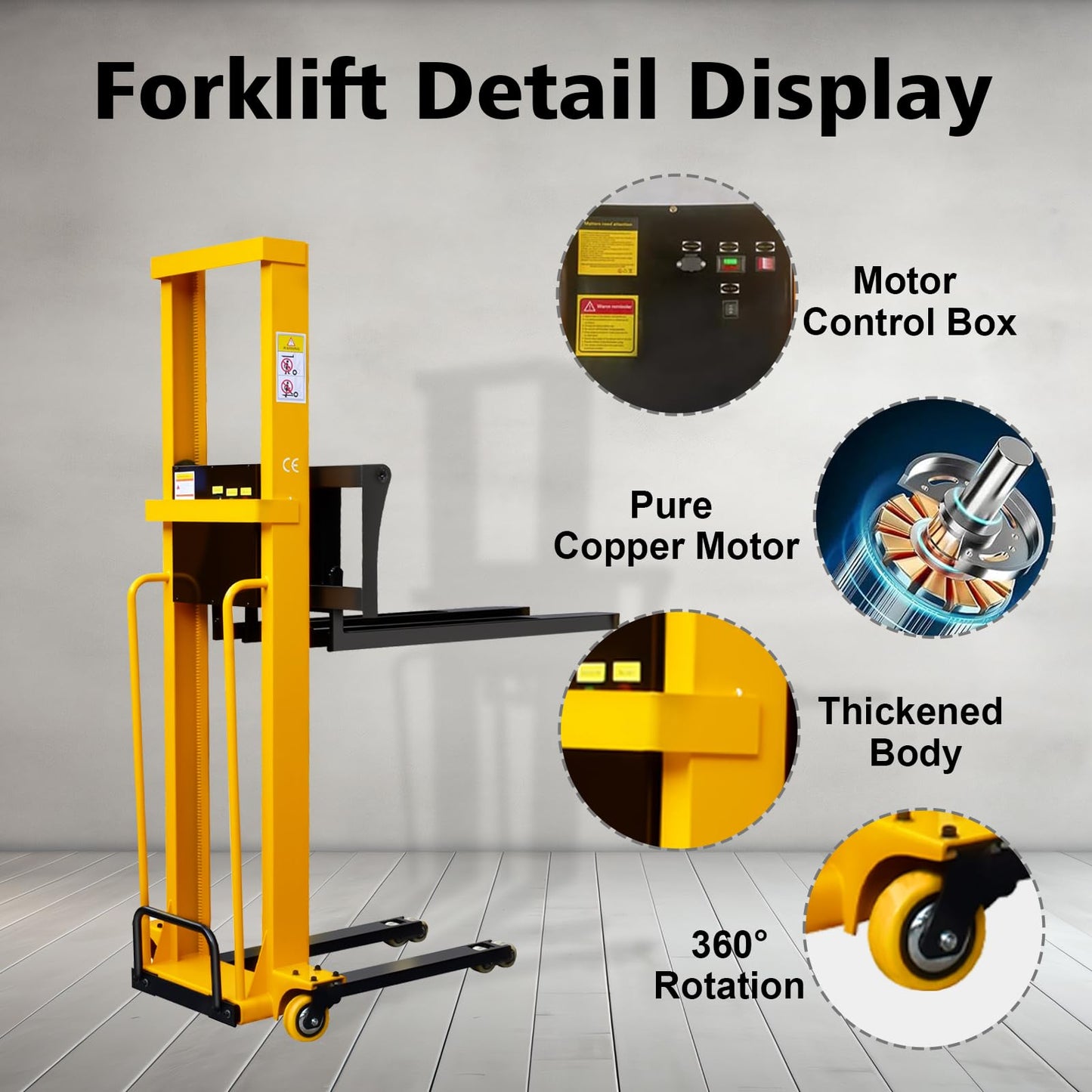 Electric Pallet Stacker Electric Forklift Capable of Boarding Trucks Pallet Lift 1300lbs Capacity 63" Lifting Height Material Lift with Fixed Legs (Width Adjustable, 63" Lifting)