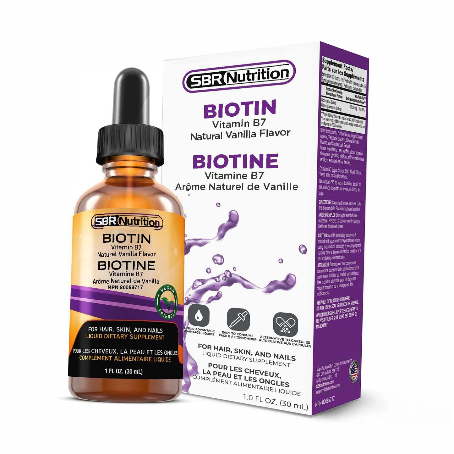 SBR Nutrition Biotin Liquid Drops, 5000mcg per Serving (60) 1.0Fl.oz (30ml) Vanilla