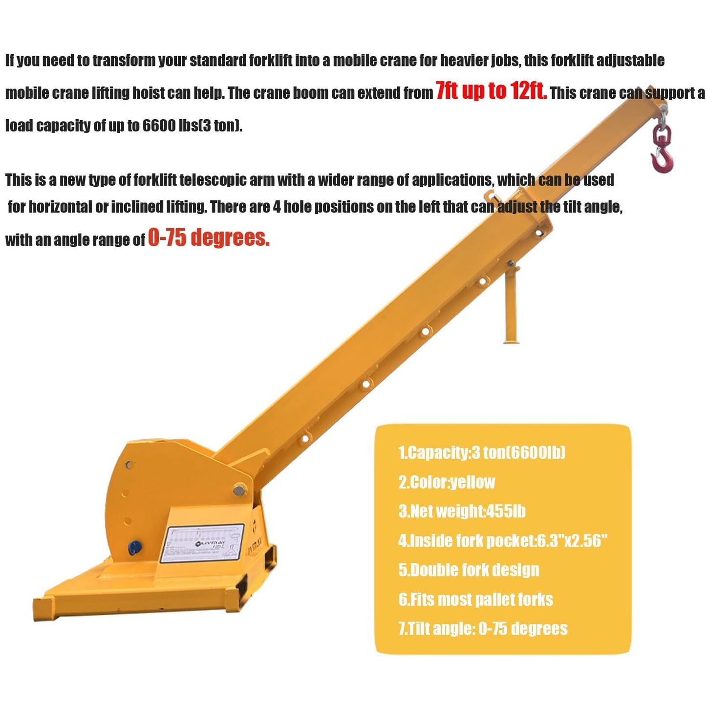 BREVELTION 6600LB Forklift Mobile Crane, 12FT Maximum Extension Arm Attachments, Adjustable Angle Jib Boom Crane, W/Telescopic Boom and Hook, for Forklift Towing Handling