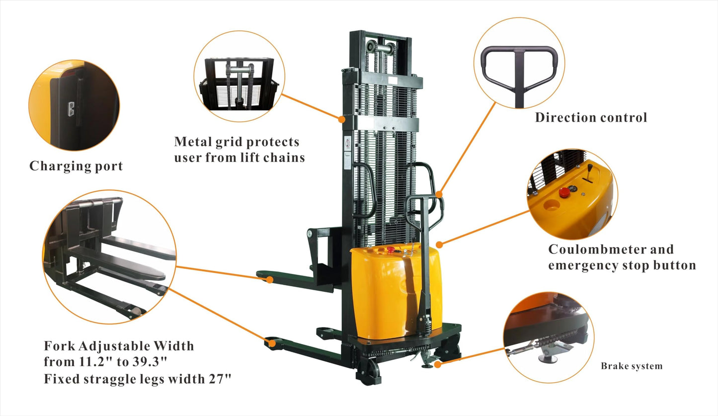 Full Electric Small Pallet Stacker, Standing Mini Forklift, 1.5–2 Ton Electric Stacker with 2m 3m 4.5m Lifting Height Options, Adjustable Forks, PU Wheels, Warehouse Material Handling Equipment