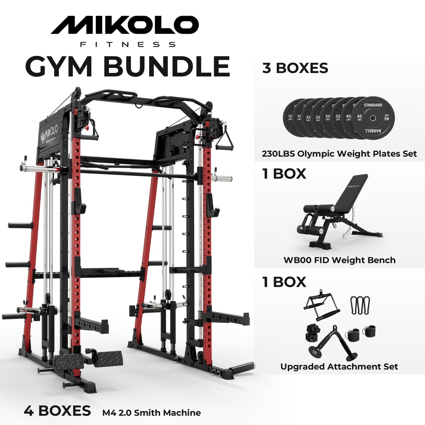 Mikolo M4 2.0 Standard Smith Machine with 230 lbs Bumper Weight Plates, Multi-Function Squat Rack with LAT-Pull Down System & Cable Crossover Machine, Home Gym Equipment, Red
