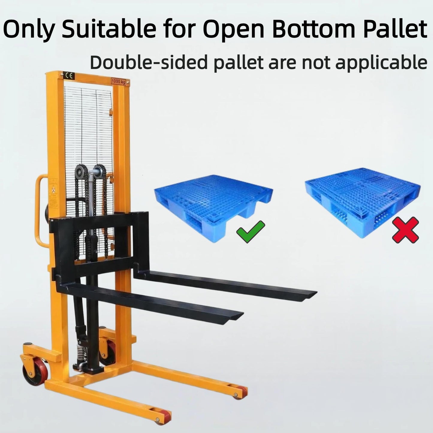 Amarite 2200lbs Manual Hydraulic Stacker - Open Bottom Pallets Only - 63" Lift Height Manual Pallet Stacker with Adjustable Forks