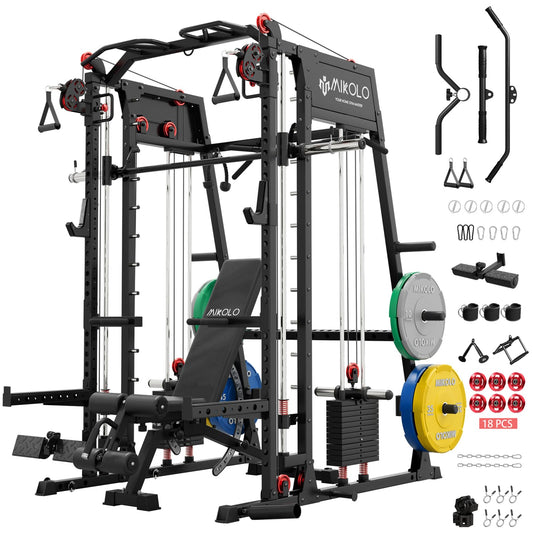 Mikolo M4 2.0 Elite Smith Machine with Weight Stack, All-in-One Home Gym Power Cage with LAT Pulldown & Cable Crossover, Squat Rack for Full Body Workouts (Black with 230LB Colored Weights Package)