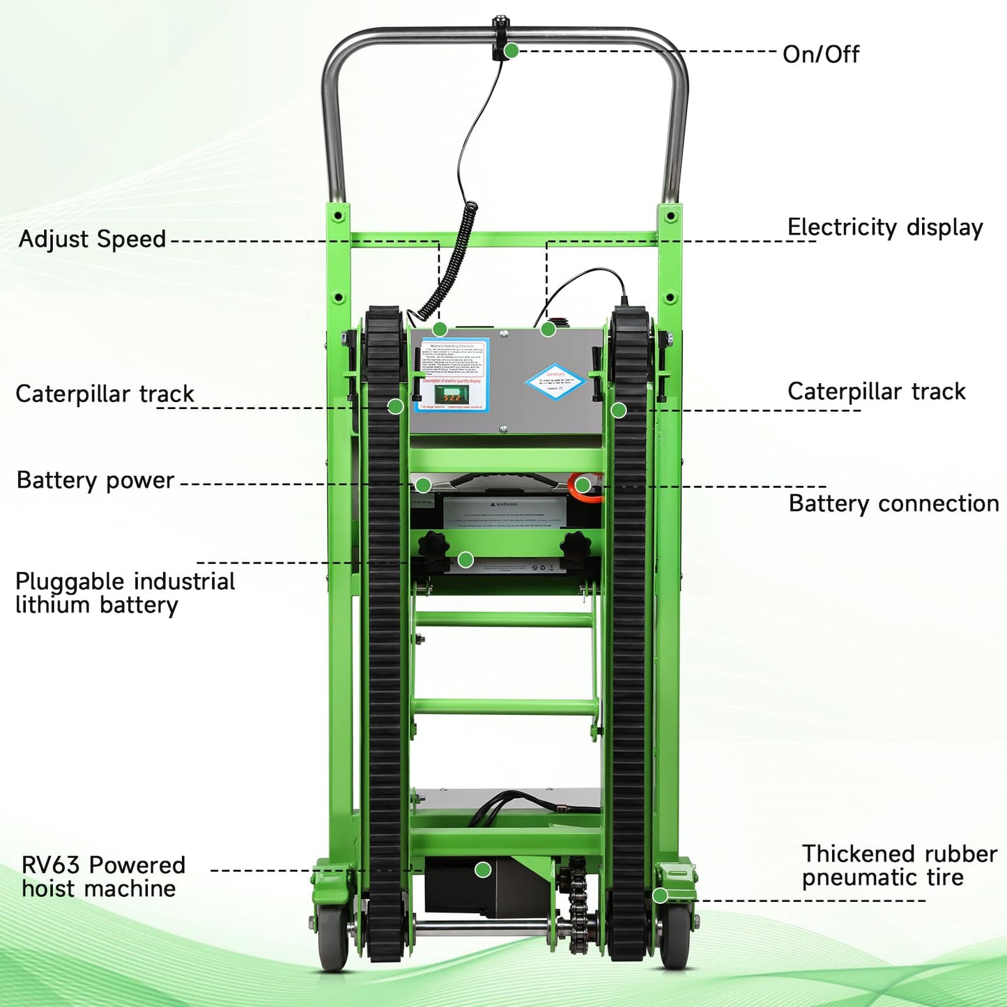 Electric Stair Climbing Hand Trucks Dolly Cart, 880lbs Capacity Heavy Duty Stair Climber with Ropes, Carry Heavy Objects Up and Down Stairs for Furniture Logistics Warehouse (Green+Silvery)