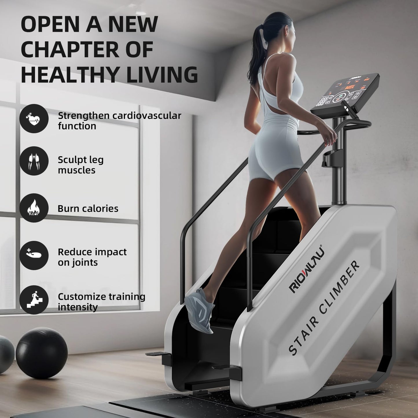 RIOWLAU Stepper Machine, Stair Stepper with LED Screen, Commercial Grade Stair Climber Exercise Machine,15 Speed Levels Stepping Machine for Cardio and Lower Body Workouts,375LBS, 15-164 Steps/Minute