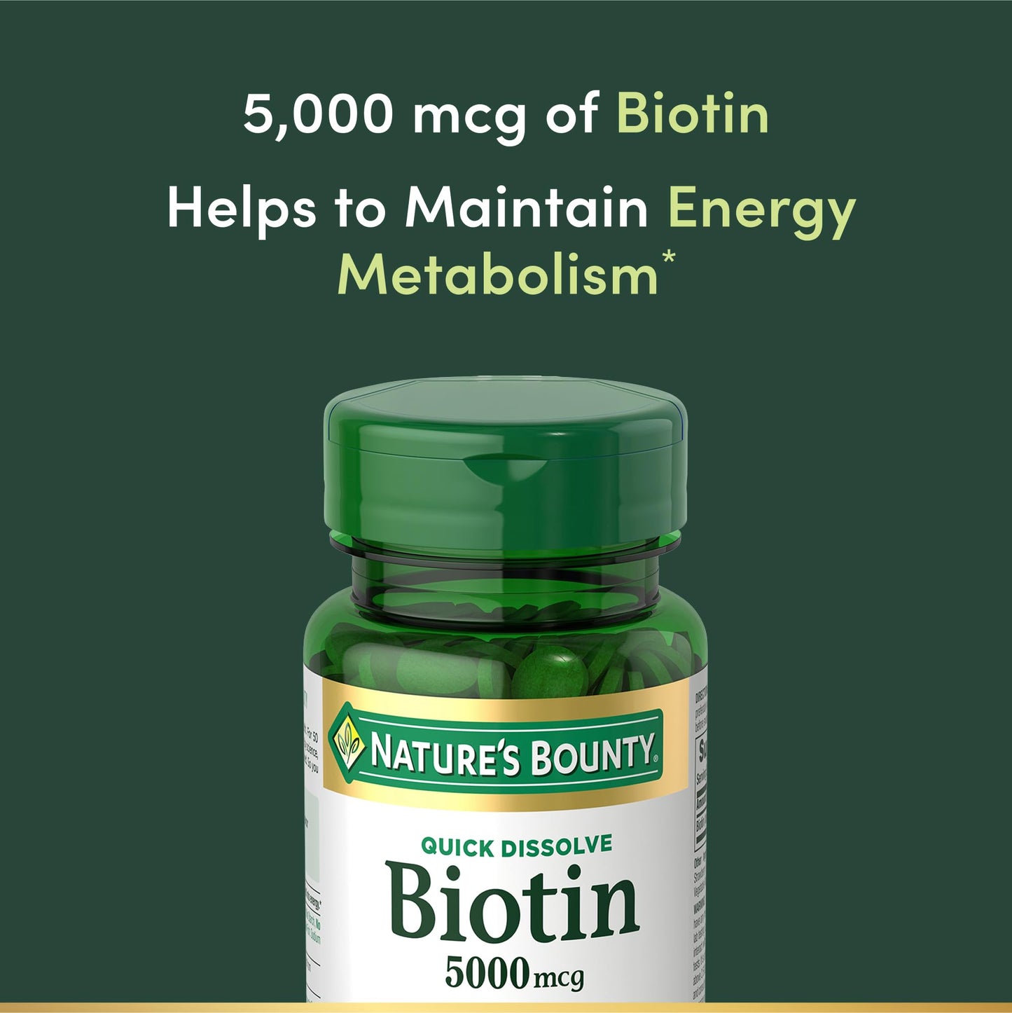 Nature's Bounty Biotin, Supports Metabolism for Cellular Energy and Healthy Hair, Skin, and Nails, 5000 mcg, 60 Quick Dissolve Tablets