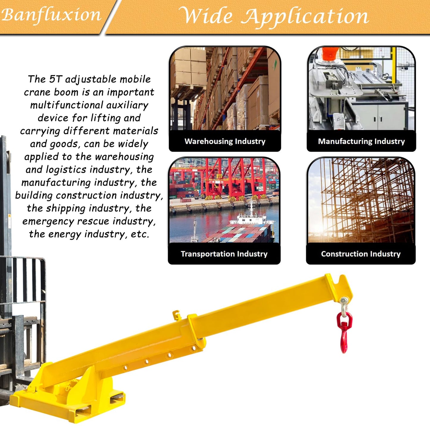 Banfluxion Forklift Jib Boom Crane, 11000LBS/5T Capacity Heavy Duty Telescopic Crane, Manual Adjustable Arm Extends to 96.5 Inch, with Truss Boom & Hook for Warehouse, Factory, Equipment Handling