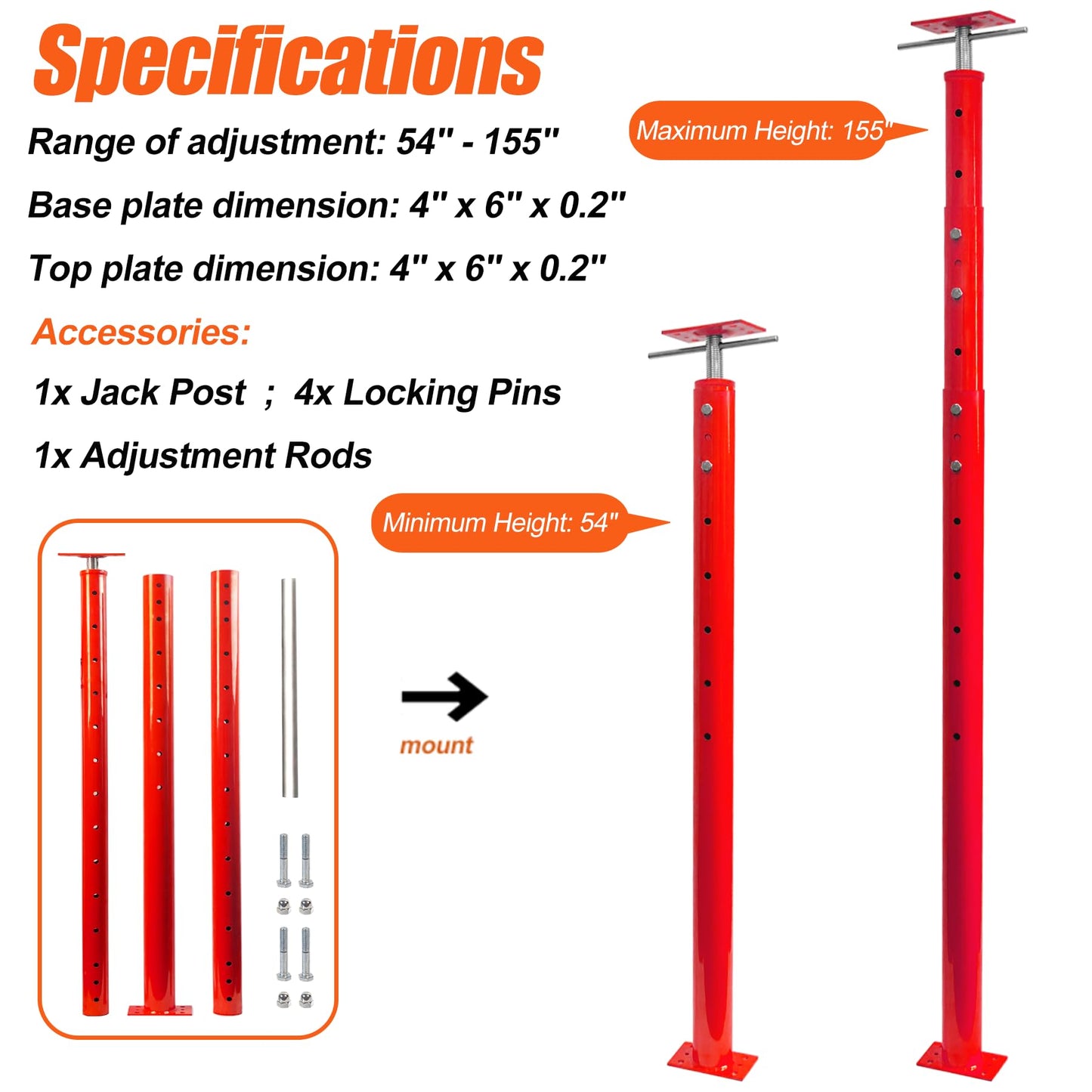 House Floor Jacks Post Pole for Leveling, 54"- 155" Height Range Lifting Shore House Jack Post, Adjustable Support Beam Basement House Jacks for Temporary Support, 18000 lbs Max Load Capacity