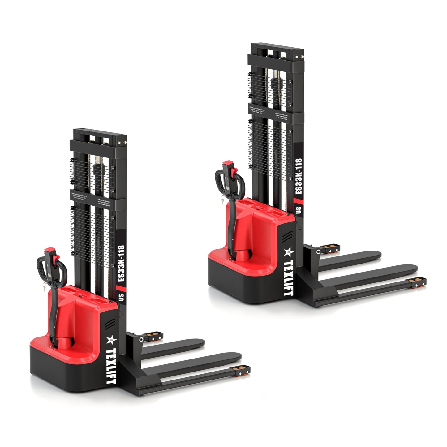 TEXLIFT Full Electric Forklift Walkie Pallet Stacker with Fixed Straddle Legs and Adjustable Forks 5.50 Inch to 27 Inch – Material Lifter 3300lbs Capacity 118 Inch Lifting Heights - 2 Pack