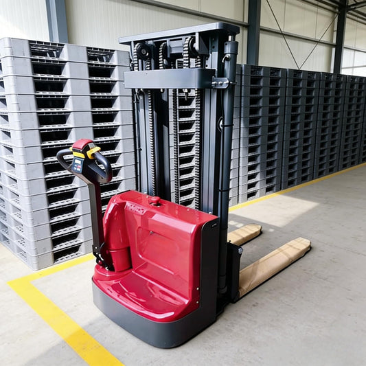 Powered Electric Pallet Stacker with Material Lift Features for Warehouse handling, Pallet Lifting, and Tight-Space maneuvering with Optional Fork Lift use