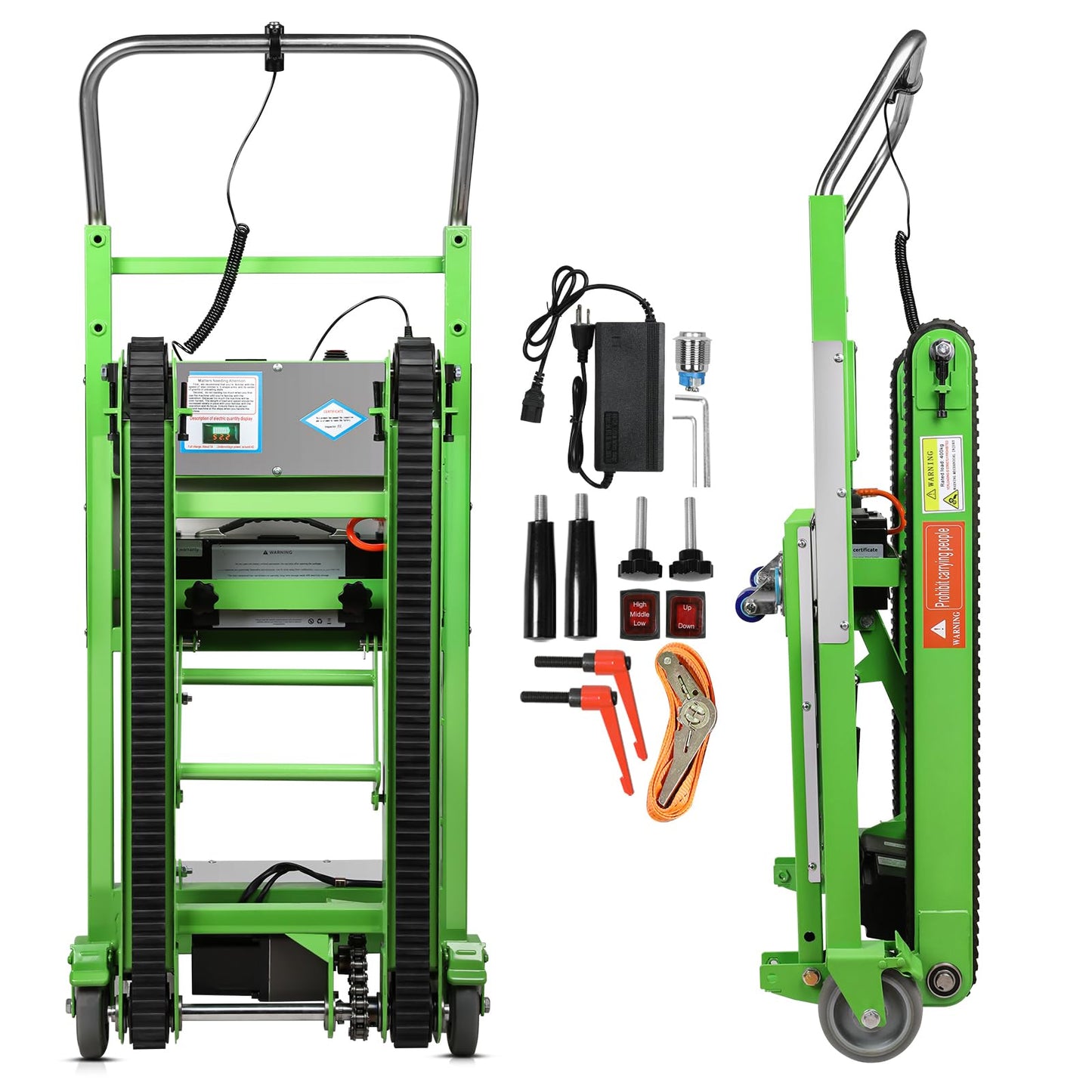 1250W Electric Stair Climbing Hand Truck, 900lbs Capacity Heavy Duty Stair Climber with Rubber Tracks, Lithium Battery & Safety Rope, Stainless Steel Platform for Moving Furniture Warehouse, Green