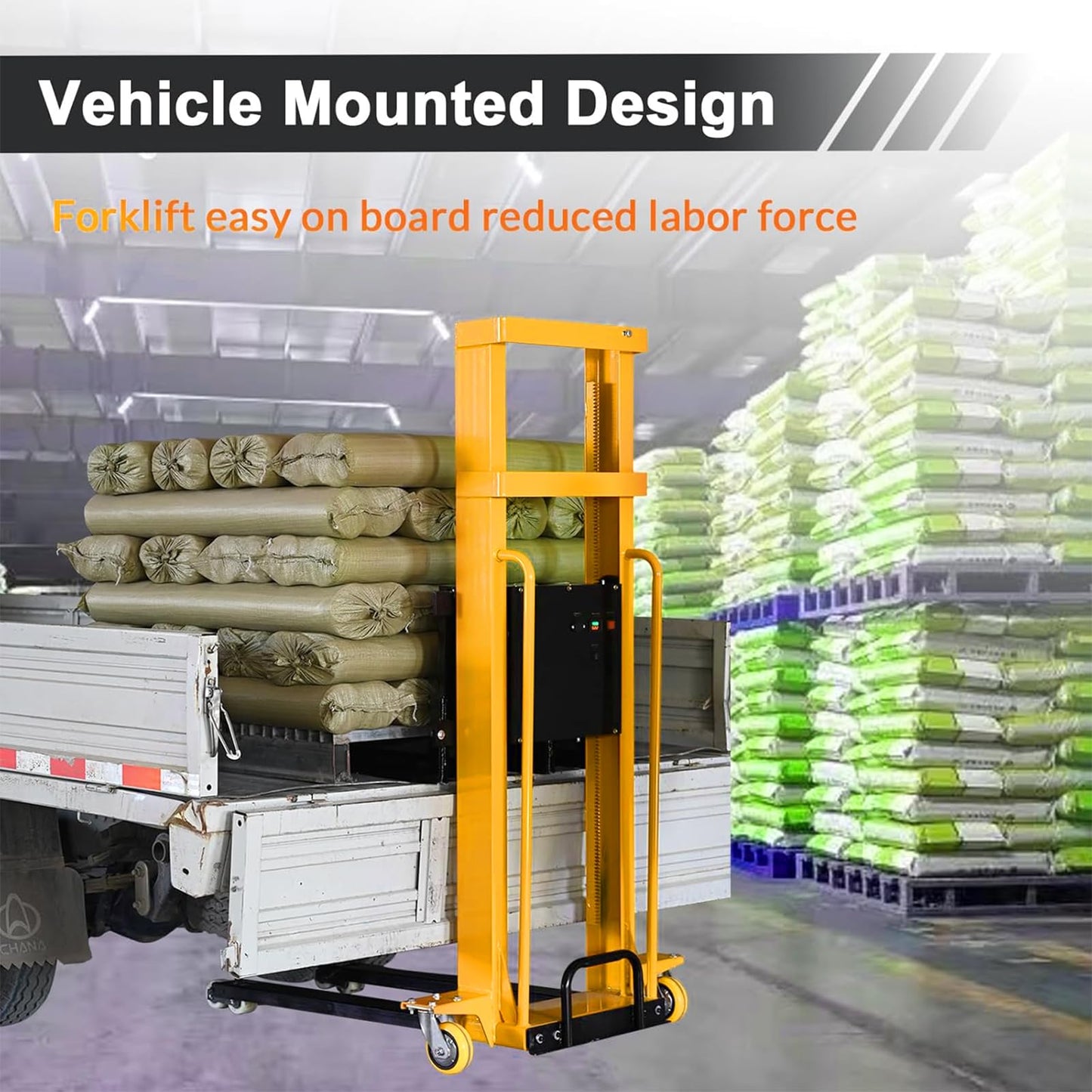 Electric Pallet Stacker 1300lbs Capacity 63 Inch Lift Height, Truck-Boardable Material Lift with Fixed Legs, Electric Forklift for Warehouses & Logistics (Width Adjustable 63" Lifting)