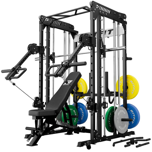 RitFit M1 Pro Smith Machine with LAM1 Adjustable Lever Arm Attachment, All-in-One Power Cage, Power Rack with LAT Pulldown & Cable Crossover System for Home Gym(Black,CP230)