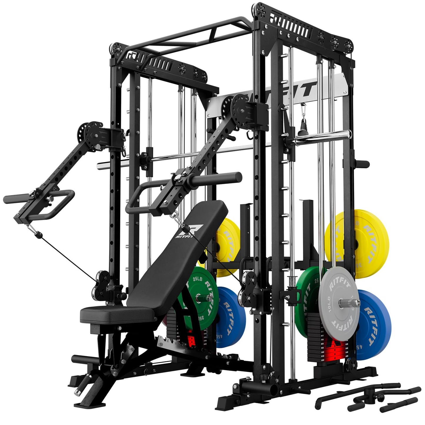 RitFit M1 Pro Smith Machine with LAM1 Adjustable Lever Arm Attachment, All-in-One Power Cage, Power Rack with LAT Pulldown & Cable Crossover System for Home Gym(Black with Weight Stack,CP230)