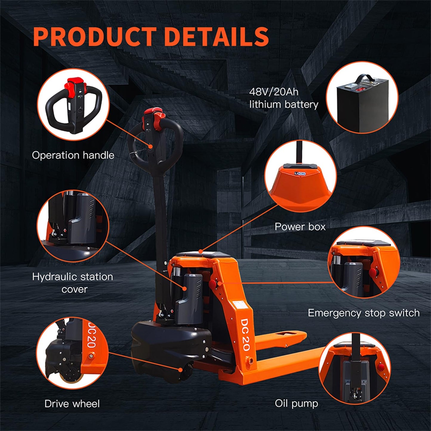 Full Electric Pallet Jack, 4400lbs Capacity Pallet Truck, 48V 20AH Lithium Powered Pallet Truck, 6 Hours Working Time, 3.35 to 7.68 Inch Lift Height, 48 x 27 Inch Fork Size, for Material Handling