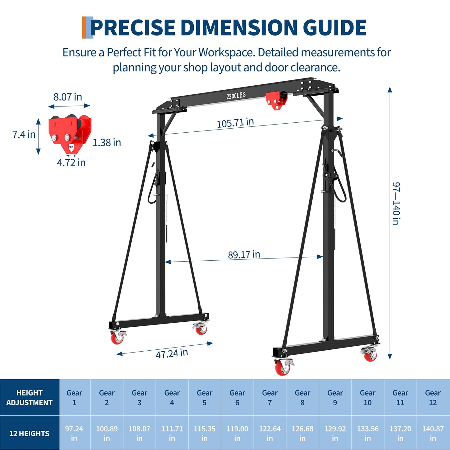 Adjustable Gantry Crane 1 Ton 2200 Lb, 12 Height Positions 97-141 in, Triangle Base a-Frame, Heavy Duty Steel i-Beam, Portable Lifting Crane for Warehouse, Shop, Construction
