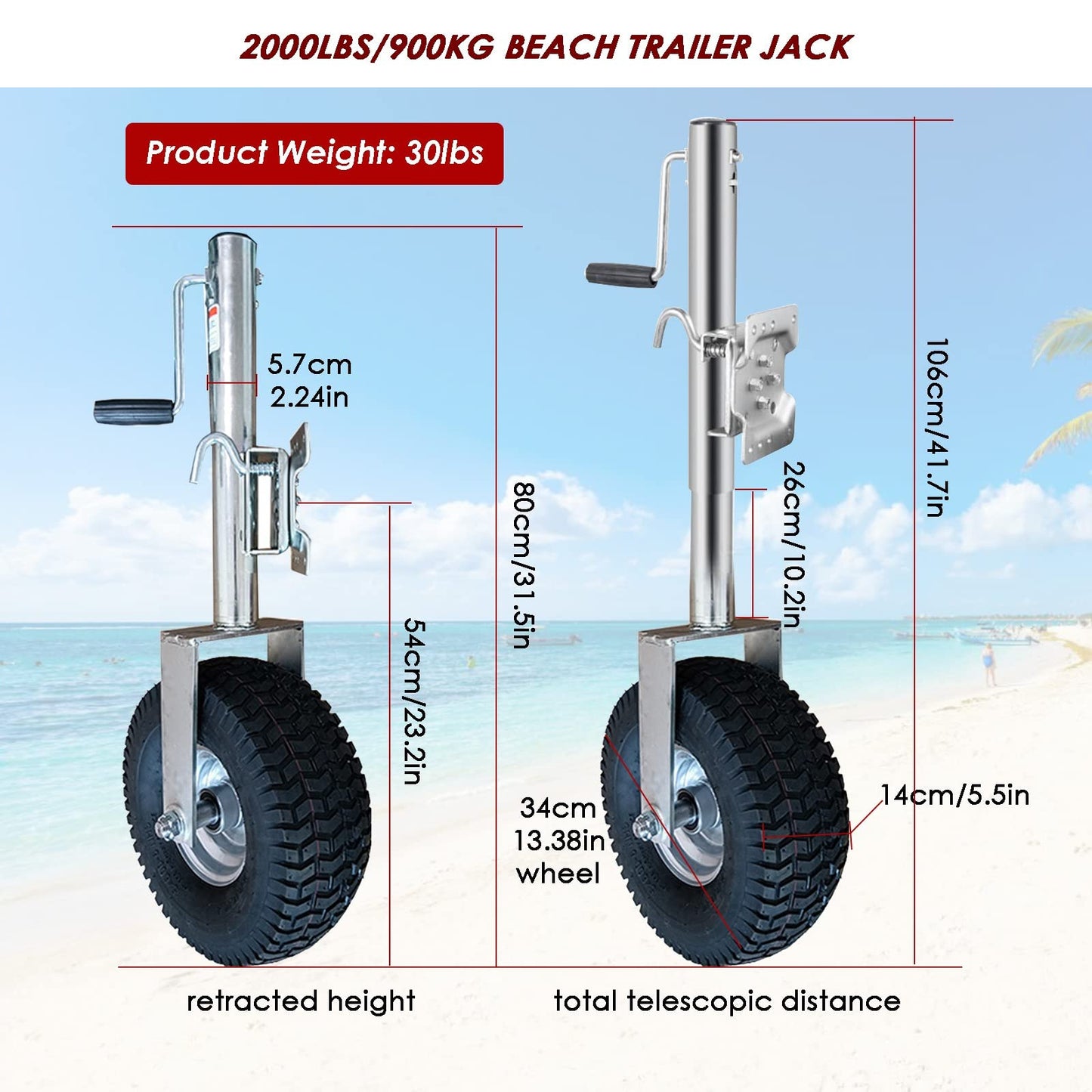Beach Boat Trailer Jack, 13.38in Trailer Jack Wheel, Heavy-Duty Bolt-On Swivel Tongue Jack, 2000lb Capacity, 11in Vertical Load (2000lbs/900kg) (2000LBS/900KG)