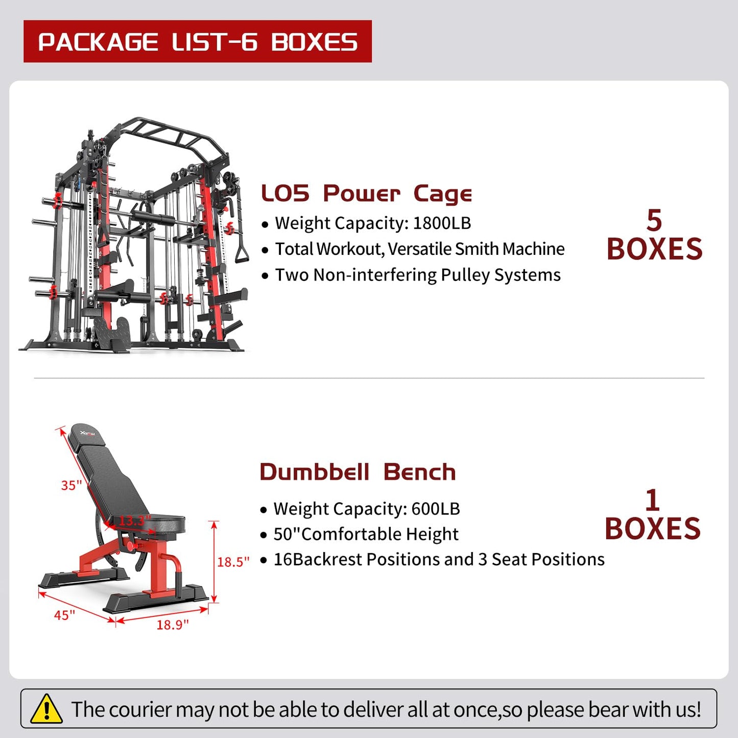XGSW Smith Machine with Cable Crossover System, Multi-Function Squat Rack Power Cage for Home Gym, Power Rack and Packages Weight Sets (L05, Power cage Red+Bench)