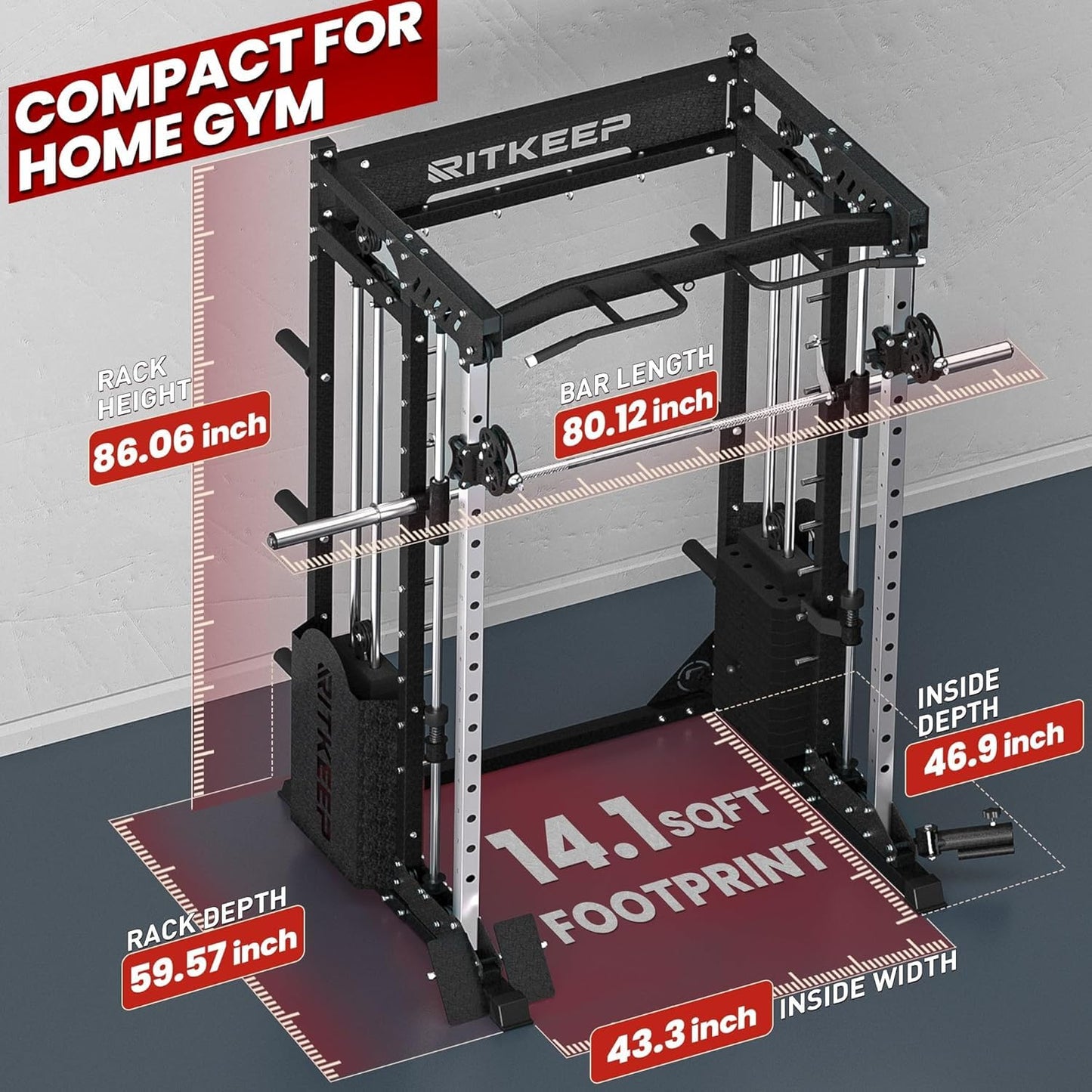 RitKeep PMAX-5600 Heavy-Duty Smith Machine Squat Rack with 400 LB Weight Stacks, 6-in-1 Multi-Function Home Gym System, Dual Cable Crossover and 2000 LB Capacity for Full-Body Strength Training