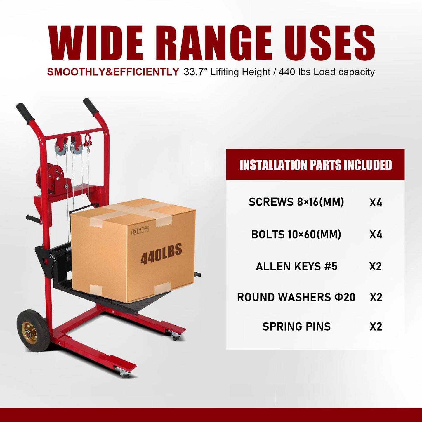 Material Lift Winch Stacker, 440 lbs Capacity Table Cart, 35.4" Lifting Height Manual Forklift Stacker, Pallet Jack Truck Dolly with Swivel Casters and Lift Plate (Red)
