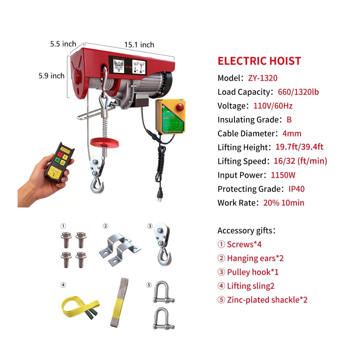 1320lbs Wireless Electric Hoist, 110V Electric Steel Wire Winch with Wireless Remote Control, 40ft Single Cable Lifting Height, Lift Hoist for Factories Warehouses Construction Site Attic
