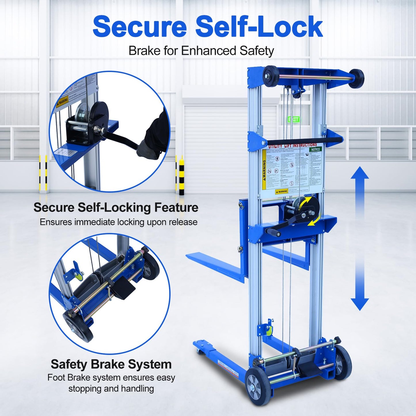 ELOMBR 500 lbs Capacity, Material Lift Winch Stacker, 70" Lift Height, Fixed Straddle Hand Winch Lift Truck, Material Lifts for Warehouse, 34.60"L x 24.80"W