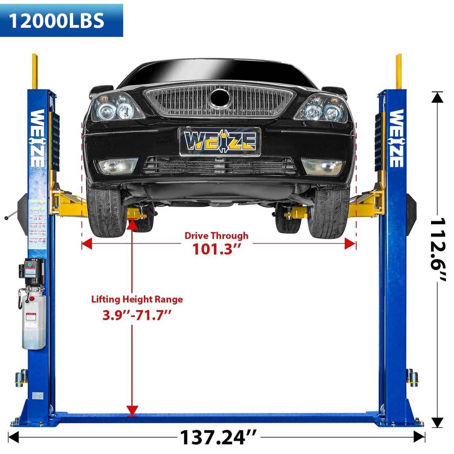 Weize 2 Post Automotive Car Lift, 12,000 lbs Capacity, 220V 4HP Powerful Motor with Single Point Lock Release for Repaire Shop