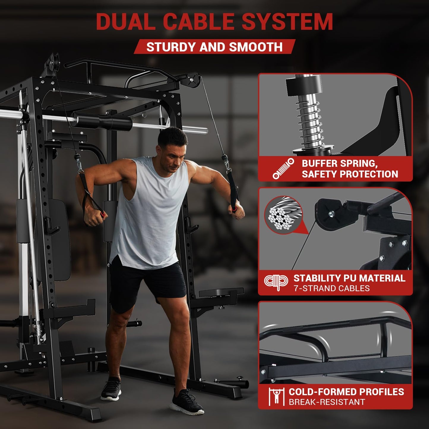 GarveeLife Smith Machine, 2000LBS Squat Rack for Home Gym, Multi-Function Power Cage Cable Crossover System Strength Training Equipment, LAT Pulldown Machines, 8 Weight Storage Pin, No Weight Plates