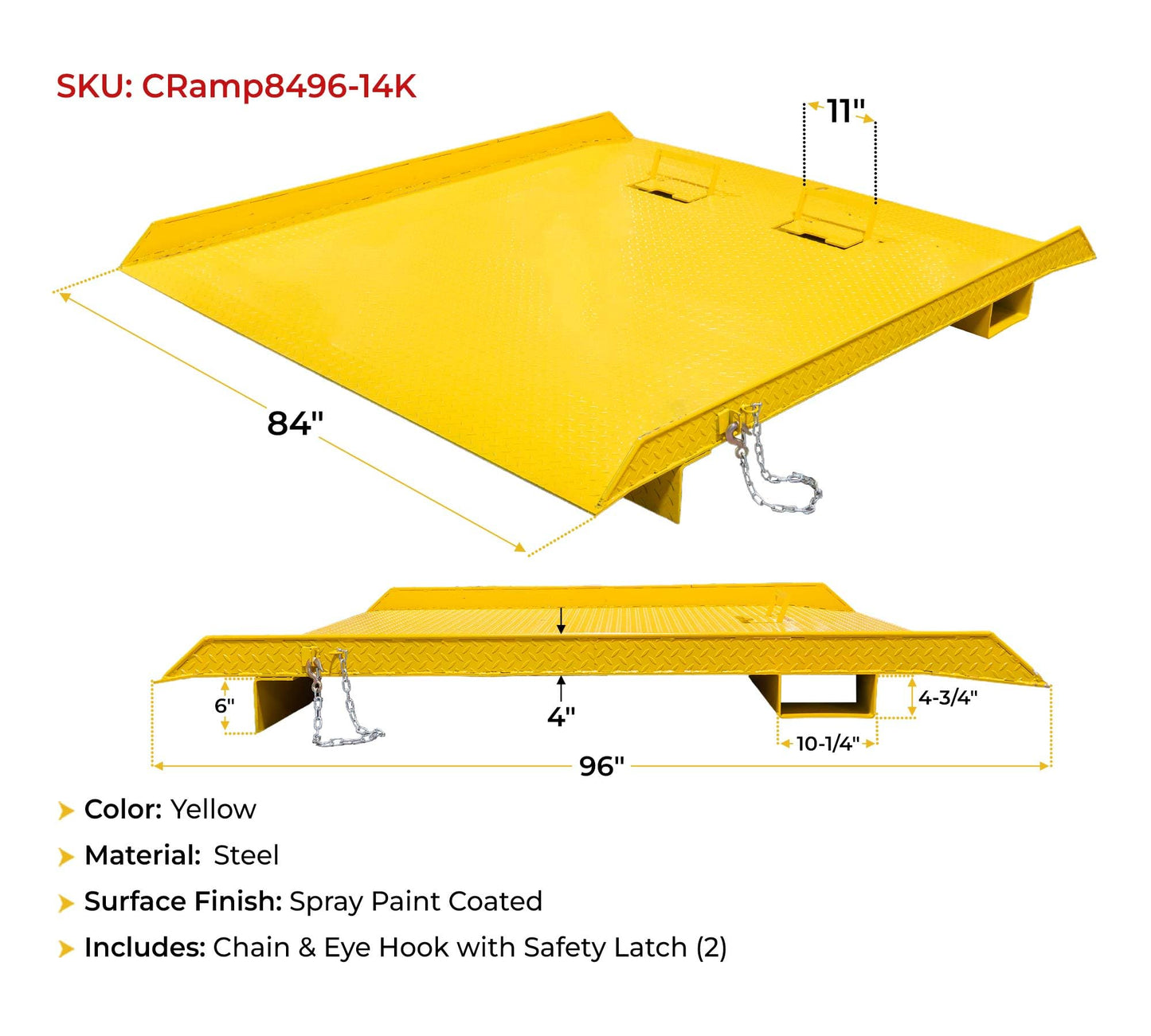 Mytee Products 84" x 96" Heavy Duty Shipping Container Ramp w/Fold-Down Loop Flips, Safety Chain & Pin - Forklift Compatible - 15,000 lbs - Spray Paint Coated Steel - Yellow