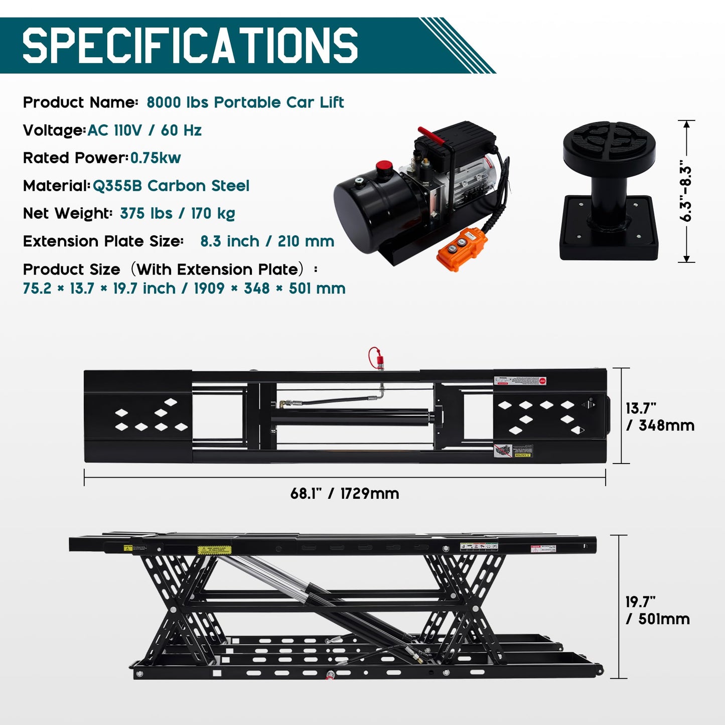 Albott 8000 LBS Portable Car Lift for Home Garage, Heavy-Duty Q355B Steel Vehicle Lift, Adjustable Height up to 27.4", 25–30s Fast Cycle, Locking Levers, Extension Plate, Foldable with Wheels