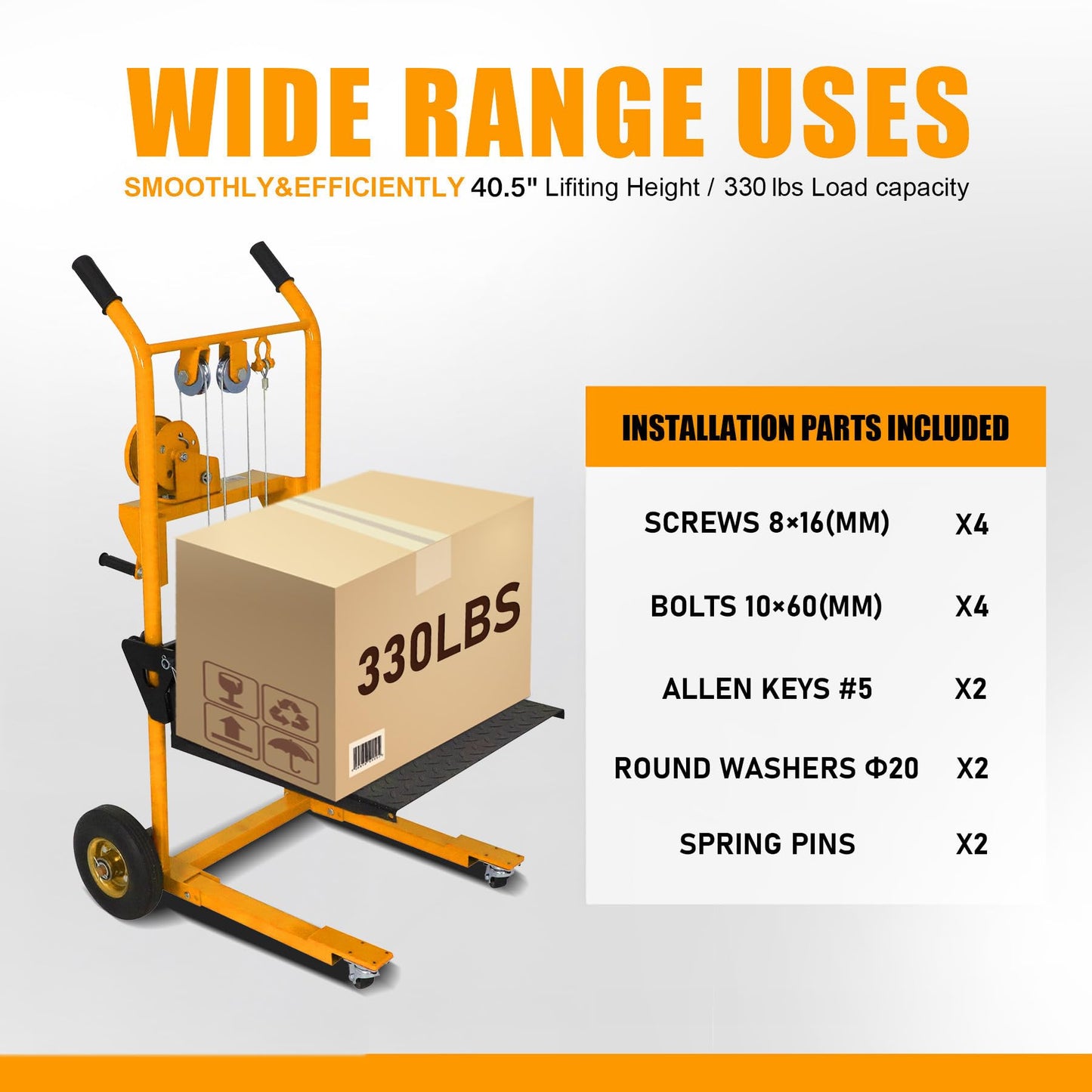 Material Lift Winch Stacker, 330 lbs Capacity Table Cart, 40.5" Lifting Height Manual Forklift Stacker, Pallet Jack Truck Dolly with Swivel Casters and Lift Plate (Yellow)